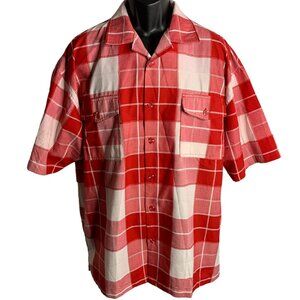 Vintage 90s Button Up Checkered Shirt XL Red Pockets Textured Short Sleeves